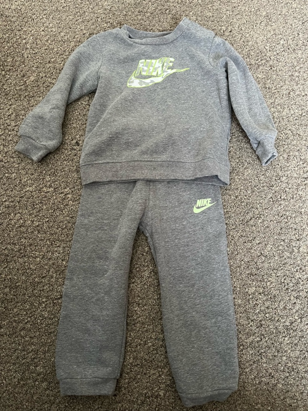 Nike Kids Gray Sweatshirt and Joggers with Neon Green Logo